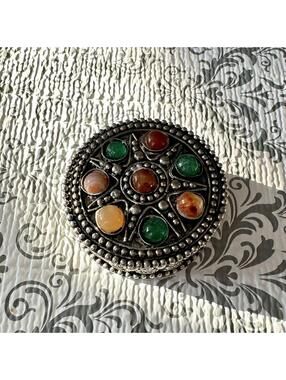 Vintage Two's Company 2” Round Metal Trinket Box w/ Real Crystal Gem Stones